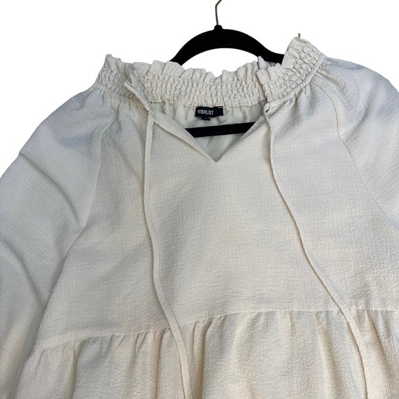 Wishlist texture neck tie mini dress champagne fairy coquette ruffle puff sleeve - Picture 2 of 9